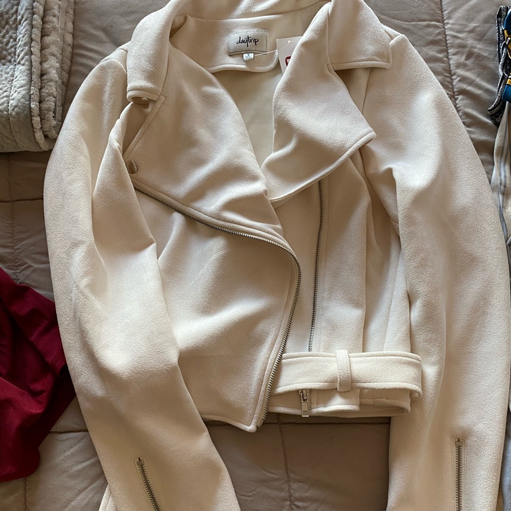 Cream faux suede biker jacket